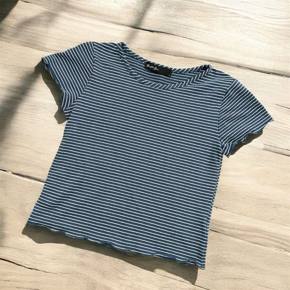 Brit & Bri Blue White Stripe Ribbed Lettuce Baby Tee Shirt Small